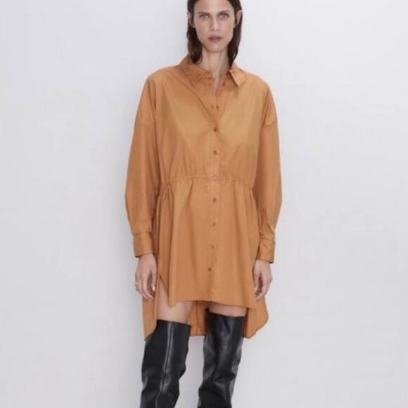 Zara Dresses & Skirts - Zara Orange Brown Cotton Button Front Long Sleeve Shirt Dress/Tunic Size Small